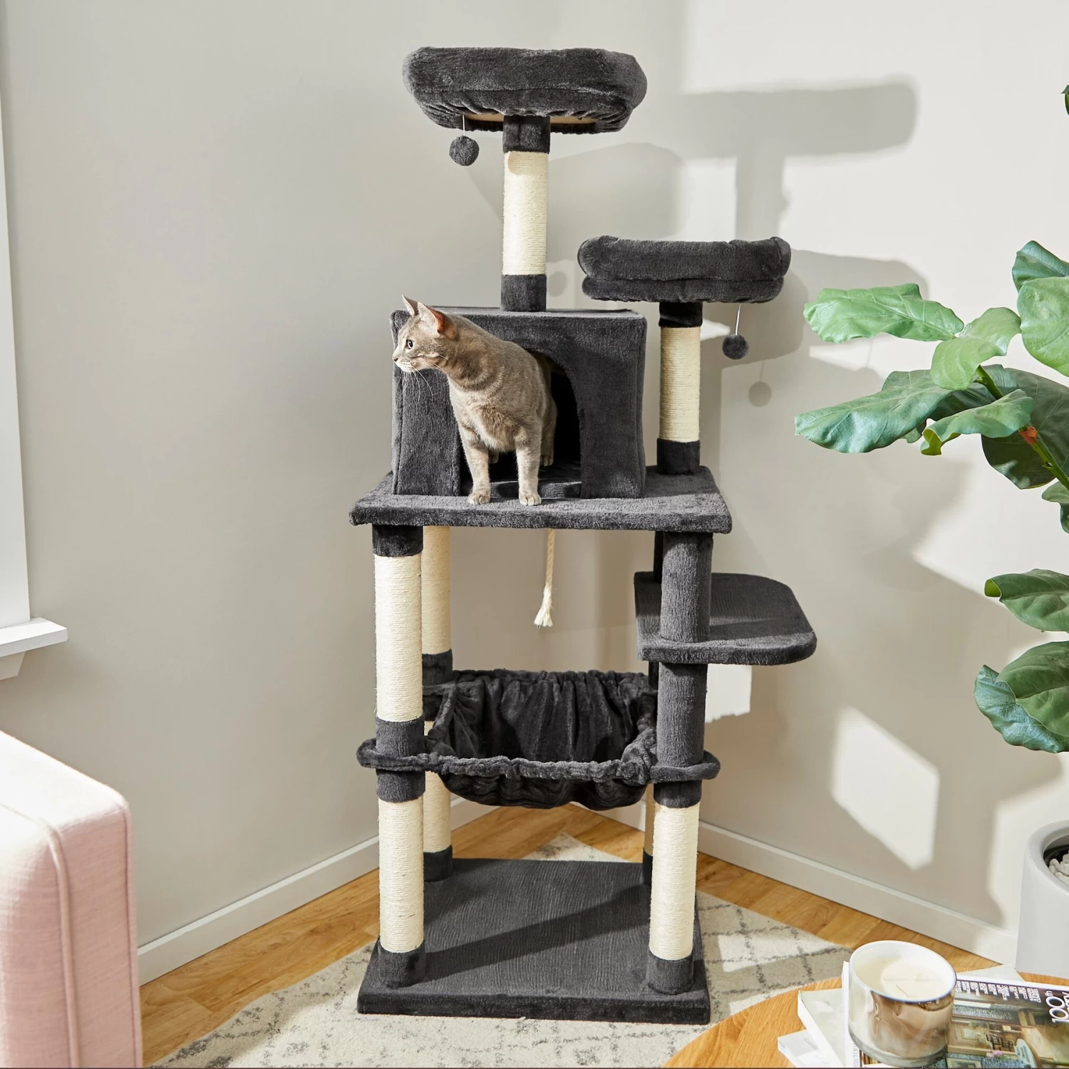 Frisco 64-in Cat Tree With Hammock, Condo, 2 Top Perches With Bed 3 Frisco 64-in Cat Tree With Hammock, Condo, 2 Top Perches With Bed