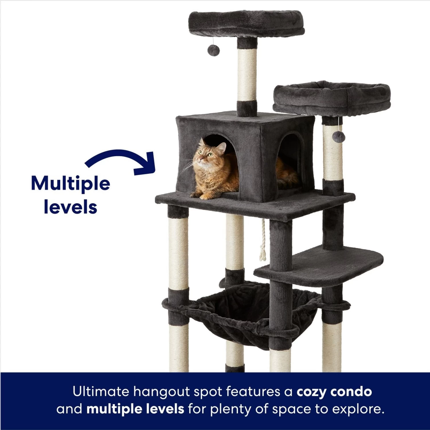 Frisco 64-in Cat Tree With Hammock, Condo, 2 Top Perches With Bed 5 Frisco 64-in Cat Tree With Hammock, Condo, 2 Top Perches With Bed - Image 3