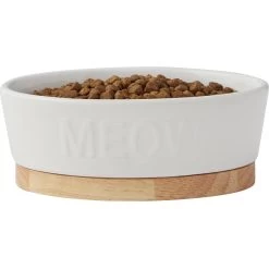 Frisco Oval Meow Non-skid Ceramic Cat Bowl With Wood Base -Pet Cat Supplies Shop 256080 PT3. AC SS1800 V1615312053