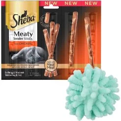 Sheba Meaty Tender Sticks Chicken Flavor Soft Adult Cat Treats & Frisco Moppy Ball Cat Toy With Catnip